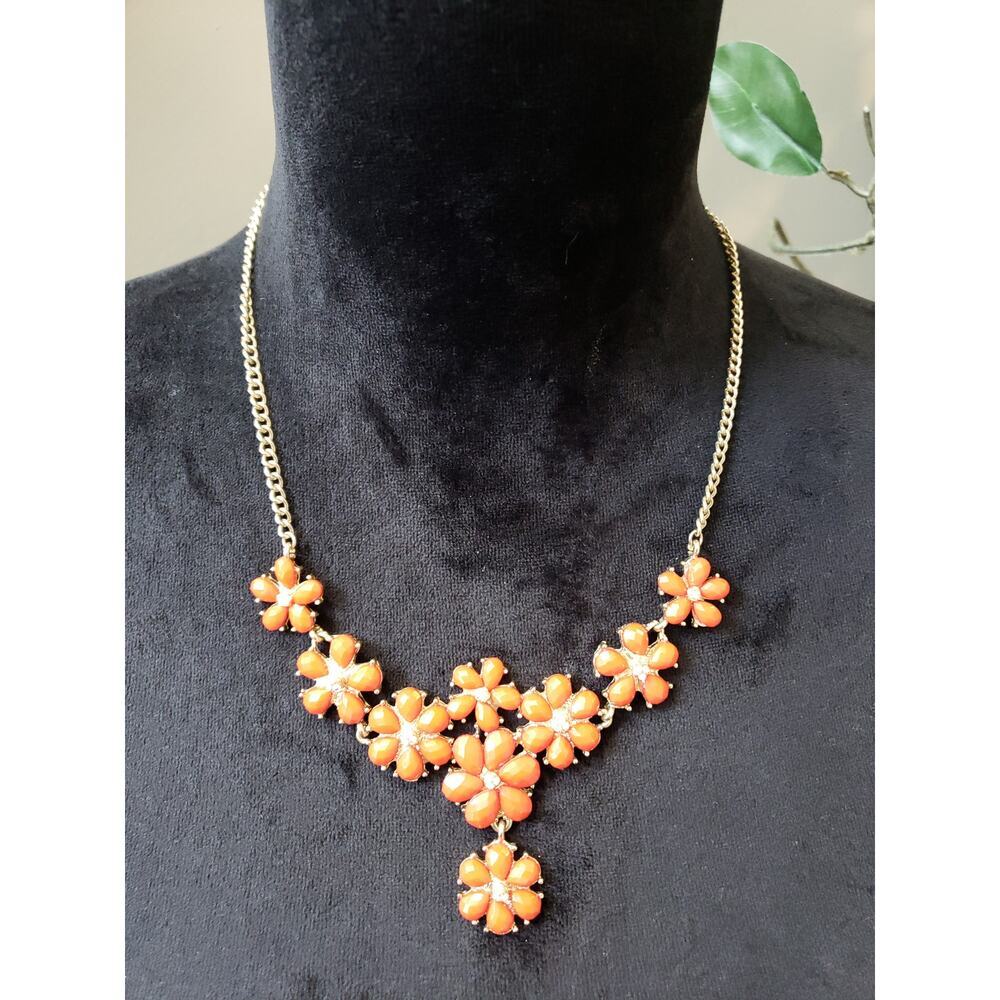 Women's Orange Flower Statement Necklace Lobster Clasp Gold Tone Sparkly Bold‎